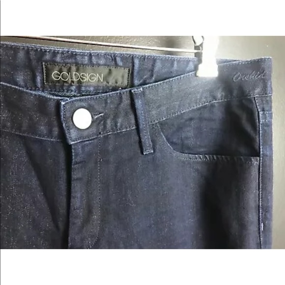 GOLDSIGN Short Orchid Denim Jeans Flare Wide Leg Dark Wash Mid Rise Bell Bottoms - Picture 4 of 9